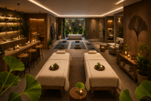Weitläufiger Spa-Bereich des Tree Room Ginkgo mit zwei Liegen, freistehender Badewanne und Sauna